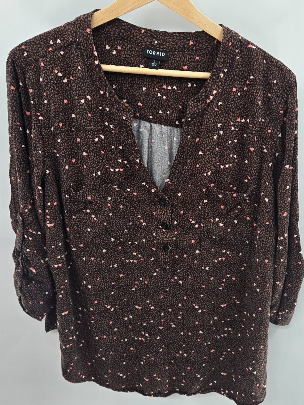 Torrid Harper Brown Heart Pullover Challis Rayon Blouse Top Size 2/2x